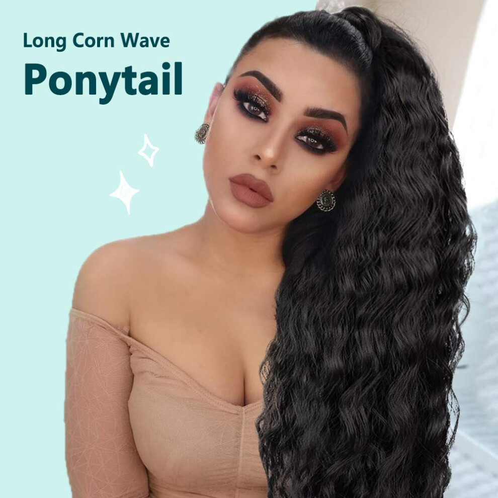 Unisex Black 22 Inch Wrap Around Ponytail Extension Heat Resistant Wavy Synthetic Hairpiece 1B