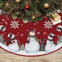 Schneemann-Weihnachtsbaumdecke, 122 cm (48 Zoll), roter Hintergrund, Schneeflocken-Bleistiftmuster, Winterliche Weihnachtsbaummatte für festliche