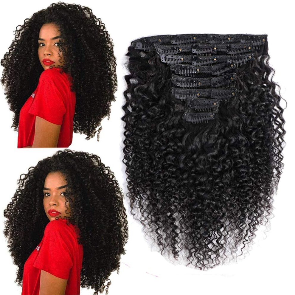 Unisex Clip In Human Hair Extensions 24 Inch Brazilian Kinky Curly Double Weft Natural Color 8Pcs 120G