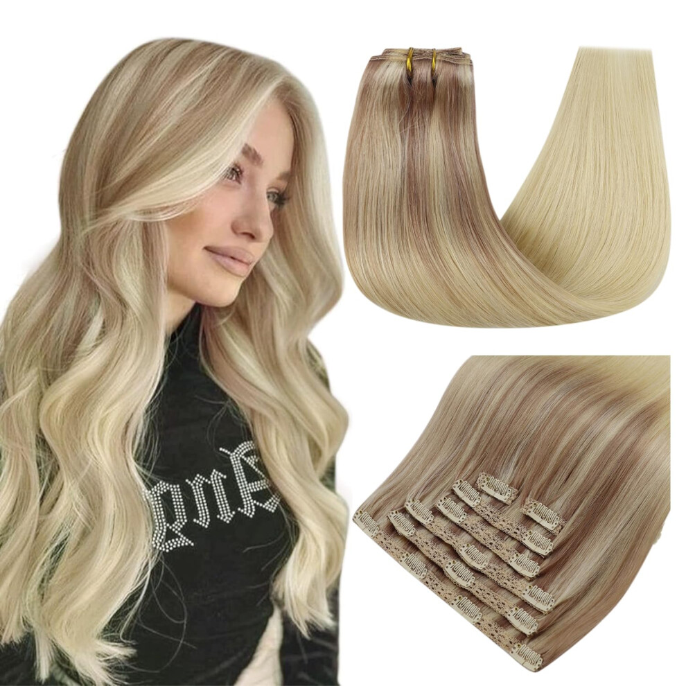 Unisex Silver Balayage Blonde Clip In Hair Extensions Real Remy Human Hair Ash To Platinum 16 Inch 7Pcs 120G