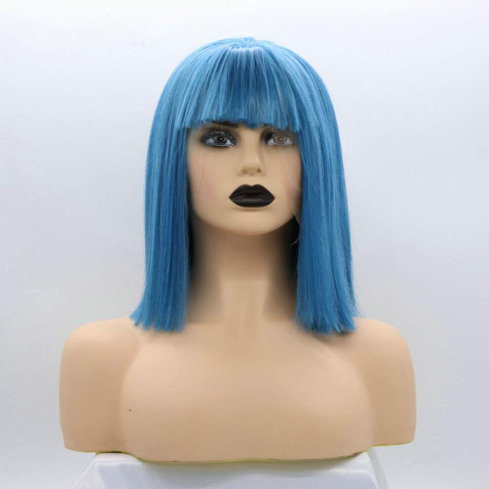 Unisex Blue Lace Front Wig 14 Inch Sapphire Ombre Synthetic Bob With Bangs Natural Hairline For Women