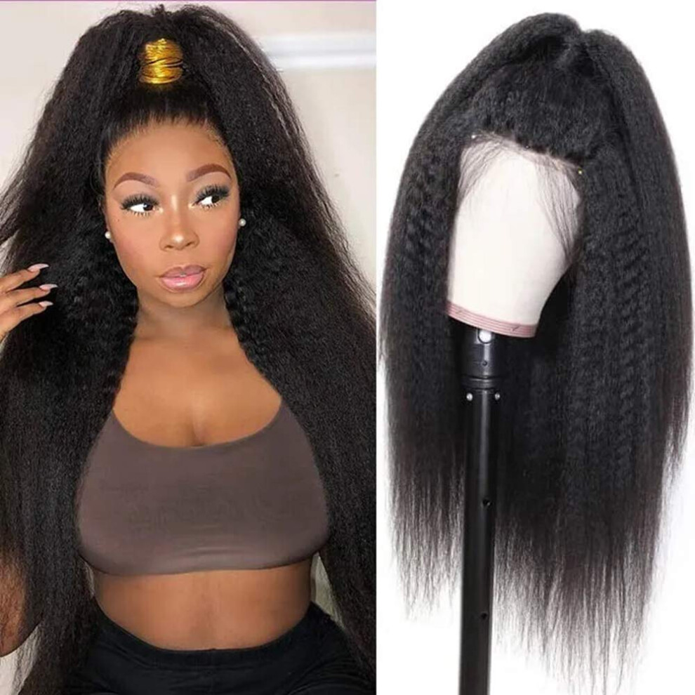 Unisex Black 13X6 Lace Front Wig Human Hair Brazilian Virgin Kinky Yaki Straight Natural 24'