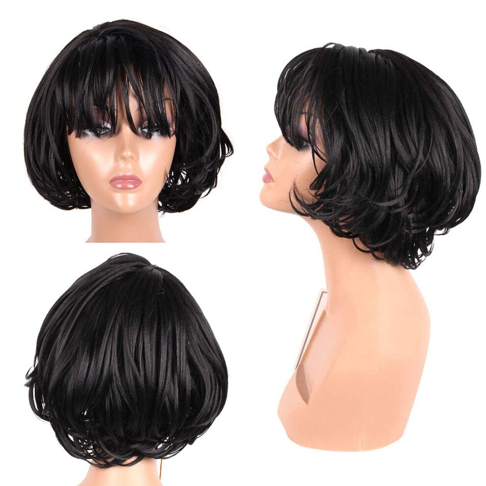 Unisex Natural Wavy Short Bob Wig With Bangs For Women 8 Inch Synthetic Hair Natural Look