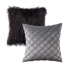Phantoscope 2 Pack Decorative Throw Pillow Set, Fluffy Faux Fur & Pleated Velvet, 18"x18", Black Fur and Dark Gray Velvet, Compatible with Sofa Couch