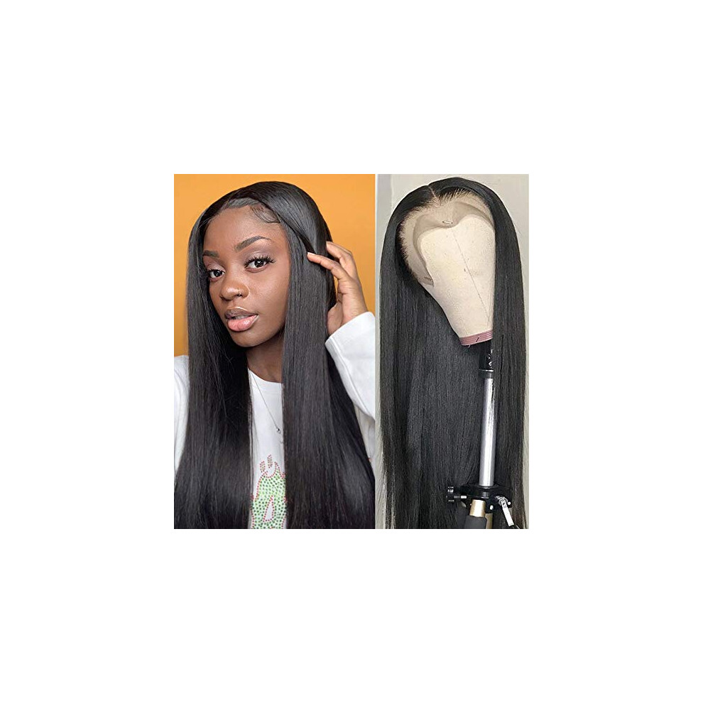 Unisex 28 Inch Straight Brazilian Human Hair Lace Front Wig With Baby Hair Preplucked Bleached Knots 150% Density Natural Hairline