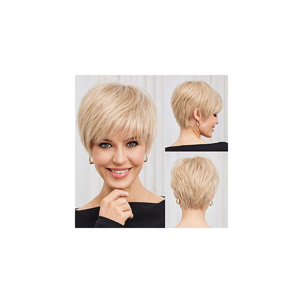 Unisex Short Blonde Pixie Cut Human Hair Wig With Bangs For Women, Glueless Natural Creamy Blonde Style