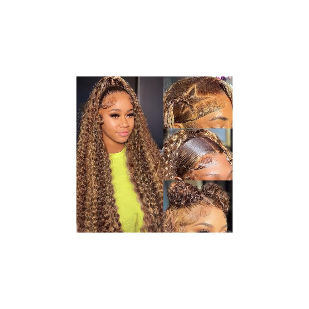 Unisex Honey Blonde 13X4 Hd Lace Front Wig Water Wave Brazilian Human Hair Pre Plucked With Baby Hair 20Inch