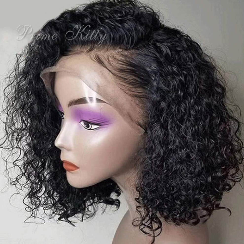 Unisex Black Brazilian Deep Curly Human Hair Lace Front Wig 12' Glueless Bob With Baby Hair Natural Hairline