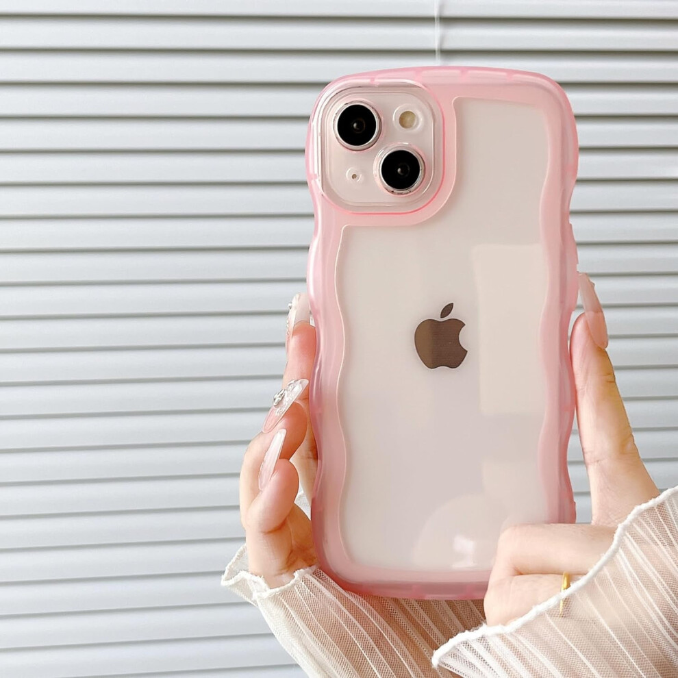 Compatible With Iphone 13 Case, Transparent Clear Curly Wave Frame Soft Silicone Shockproof Tpu Protective Case Pink 9482726587330