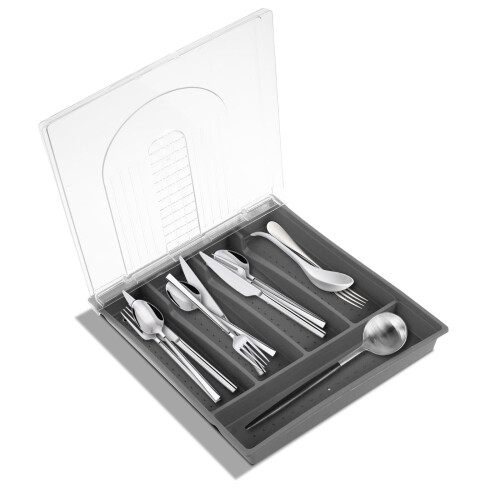 Flatware Storage Box with Lid, 5-Compartment Utensil Drawer Organizer, Dustproof Cutlery Tray, Plastic Silverware Organizer