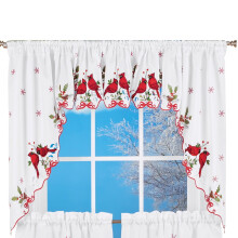 Collections Etc Embroidered Winter Cardinals Window Curtain Panels Collection, Red, Green and White Christmas Accents, Swags