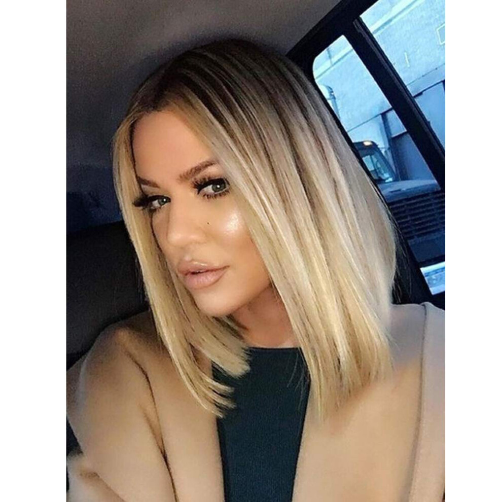 Unisex Dark Short Bob Wig With Roots Ombre, Shoulder Length Straight Synthetic Wig For Women
