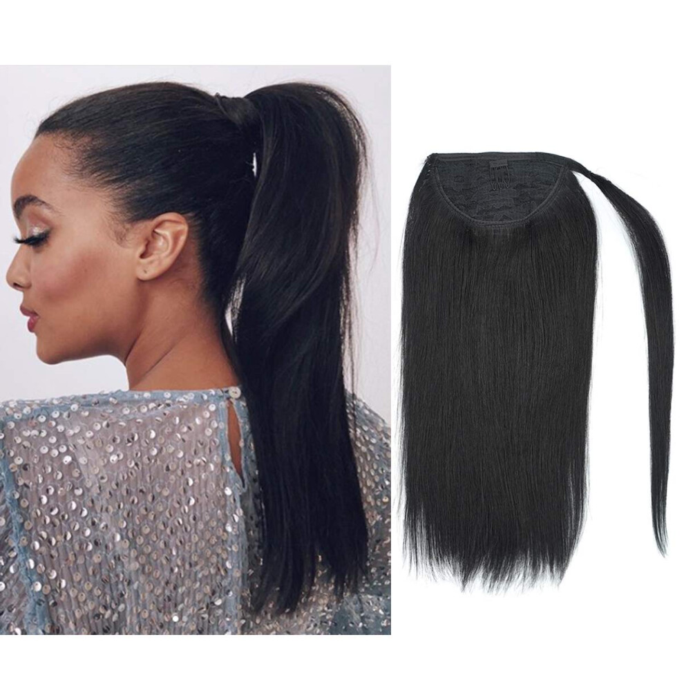 Unisex Black Jet Human Hair Ponytail Extension Wrap Around Long Straight Remy Hair 14 Inch 70G