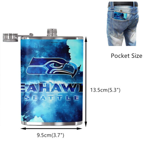 Seahawks Flagon Hip Flask8oz, Ανοξείδωτο ατσάλι και δέρμα κατάλληλο για τρόφιμα, Συμβατό με 1
