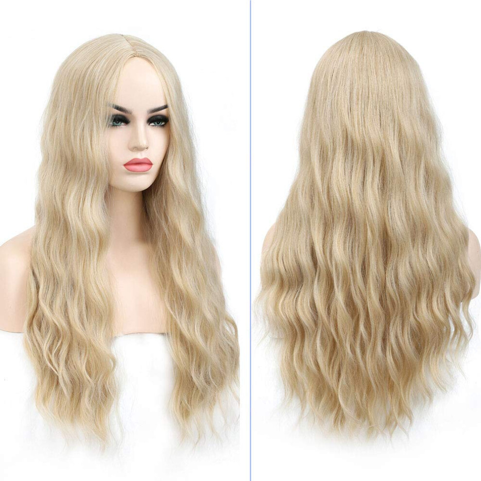 Long Curly Synthetic Wig for Women 26 Inch Blonde Heat Resistant Cosplay Wig with Middle Part