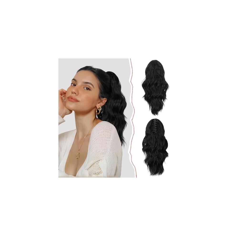 Curly Clip In Ponytail Extension 35cm Black Synthetic Hairpiece with Natural Wavy Finish