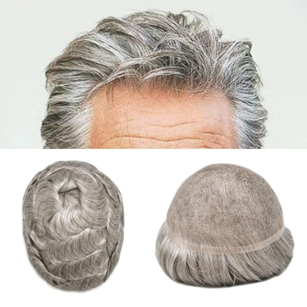 Unisex Brown Mens Lace Toupee Human Hairpiece With Natural Invisible Hairline Swiss Lace Base 8X10 #580 Gray