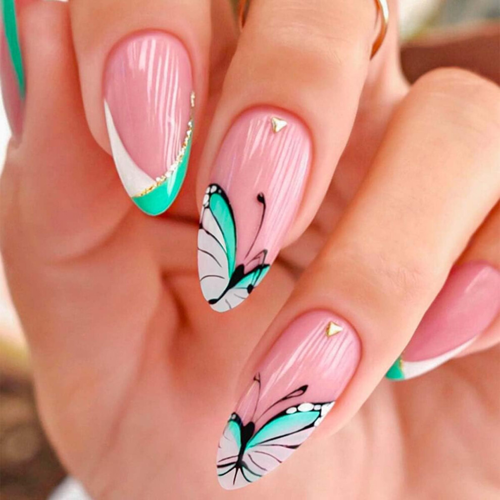 Pink French Tip Press On Nails Medium Butterfly Almond Fake Nails With Glue And Tabs, 24Pcs Acrylic Salon Set