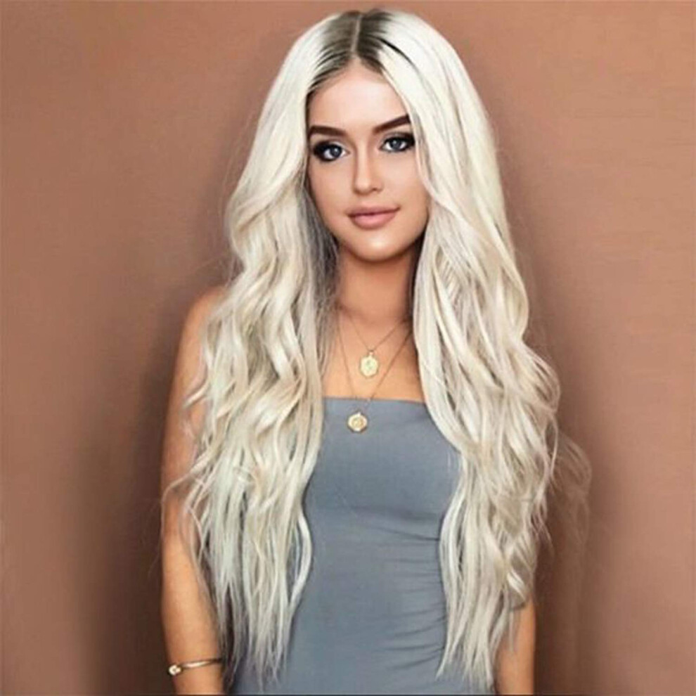 Unisex Black,Silver Synthetic Long Wavy Ombre Silver Wig For Women With Black Roots, Natural Look, Heat Resistant