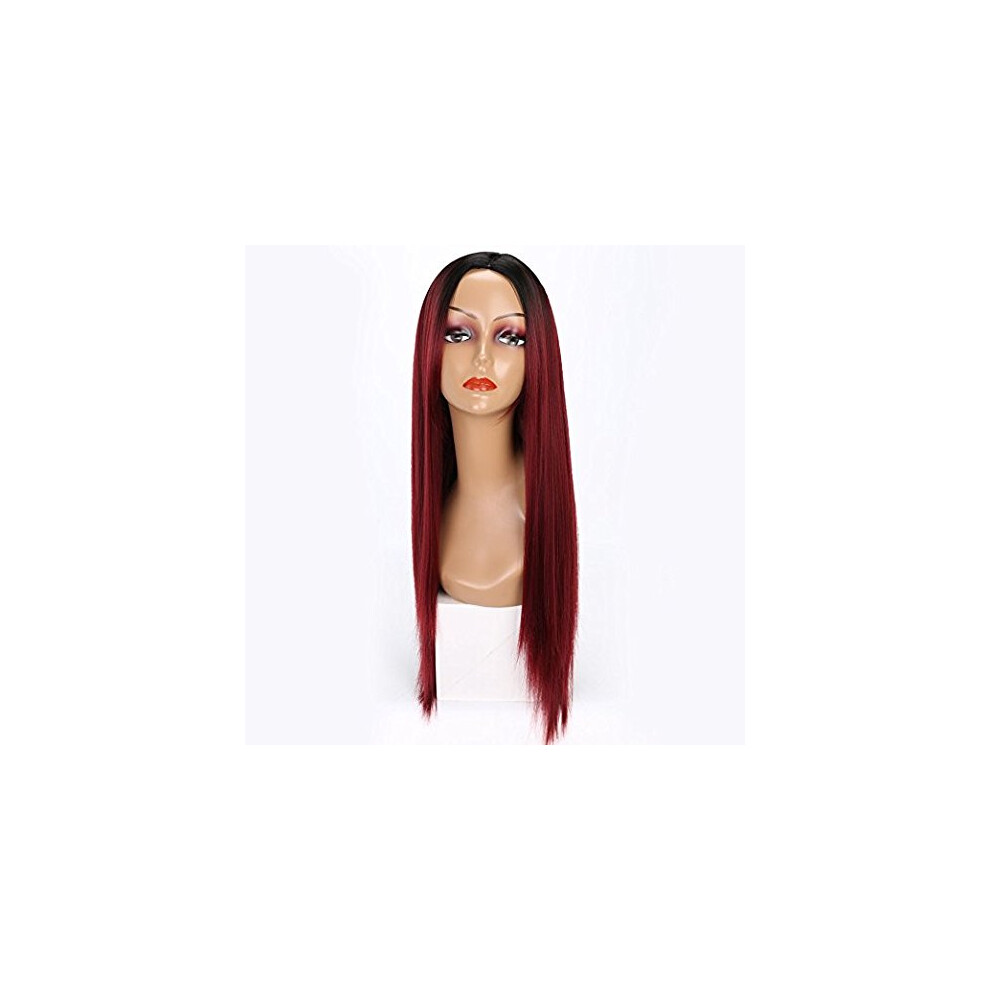 Wine Red Long Straight Synthetic Wig for Women, Heat Resistant Fiber with Natural Hairline