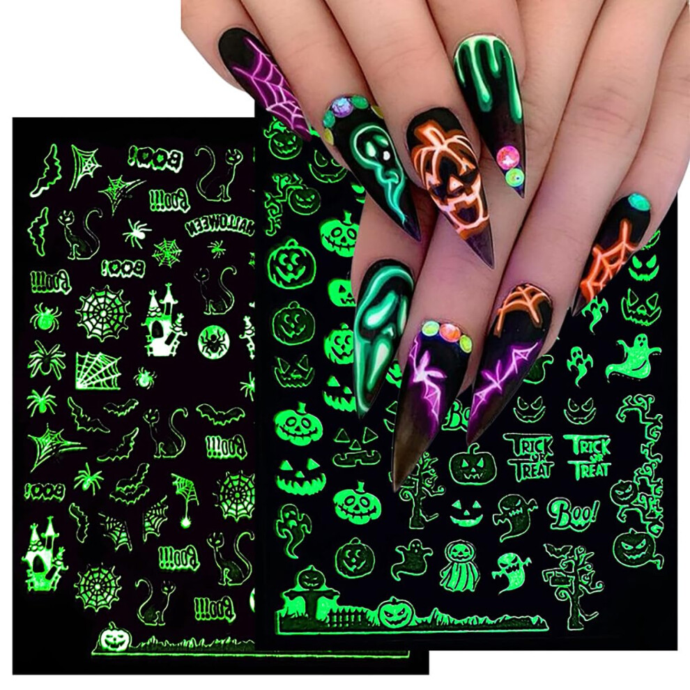 Dark Halloween Nail Stickers Glow In The 3D Selfadhesive Pumpkin Skull Ghost Spider Web Set 6 Sheets