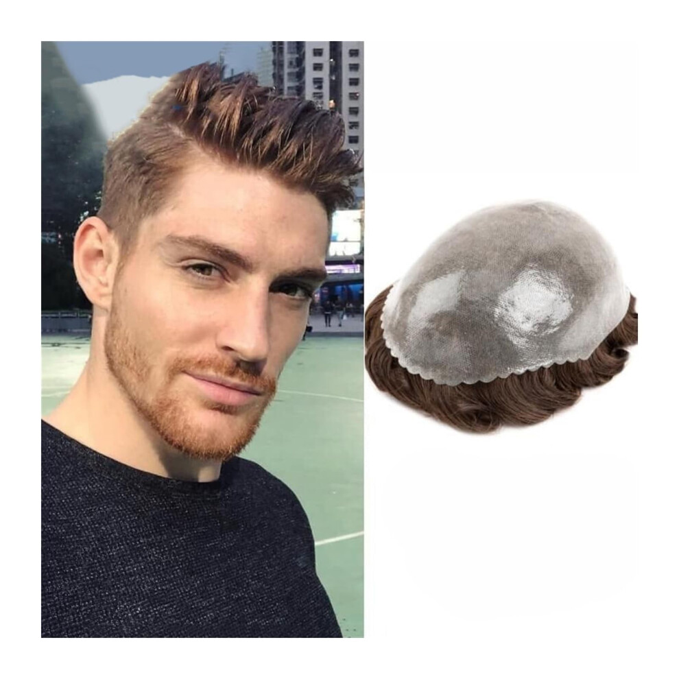 Unisex Men's Hair Toupee With Natural Hairline, Pu Skin Base Human Hair Wig For Men 6X8 Color 7#