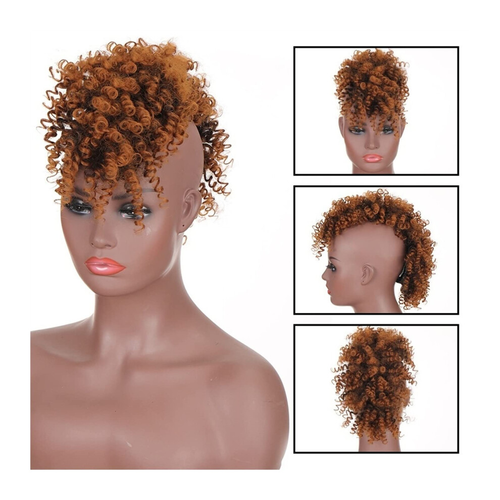 Unisex Afro Puff Mohawk Hairpiece With Bangs, Clip In Synthetic Curly Hair Bun For Women, Color 0012