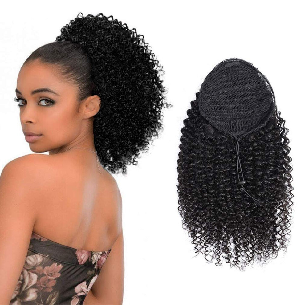 Unisex Black Human Hair Ponytail Extension 14 Inch Kinky Curly Drawstring Natural 1B For Women
