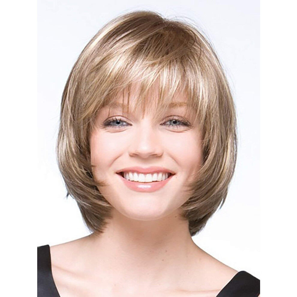 Unisex Short Blonde Bob Wig With Bangs, Synthetic Fiber, Natural Scalp, Adjustable Straps For Women
