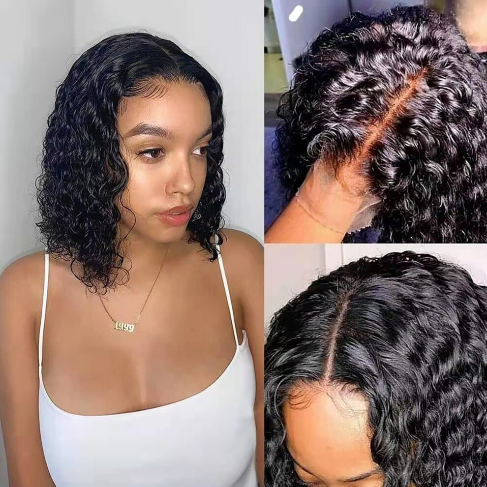 Unisex 16 Inch Water Wave Bob Wig Human Hair Glueless Brazilian Virgin Hair Pre Plucked With Baby Hair