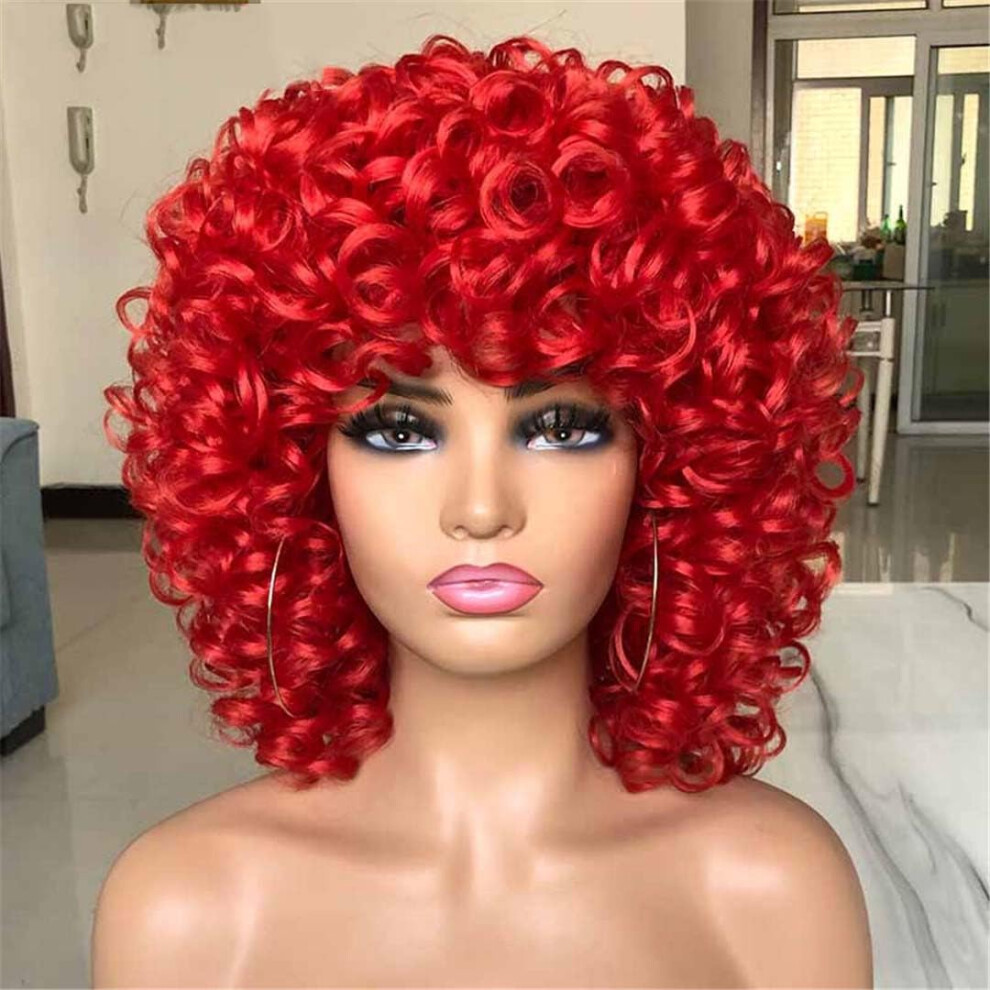 Unisex Red 14 Inch Short Curly Wig For Women, Synthetic Afro Curls With Bangs, Natural Hairline Style