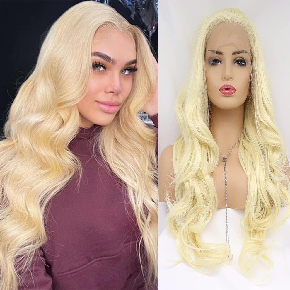 Unisex Honey Blonde Lace Front Wig 24 Inch Long Wavy Heat Resistant Synthetic Hair With Natural Hairline
