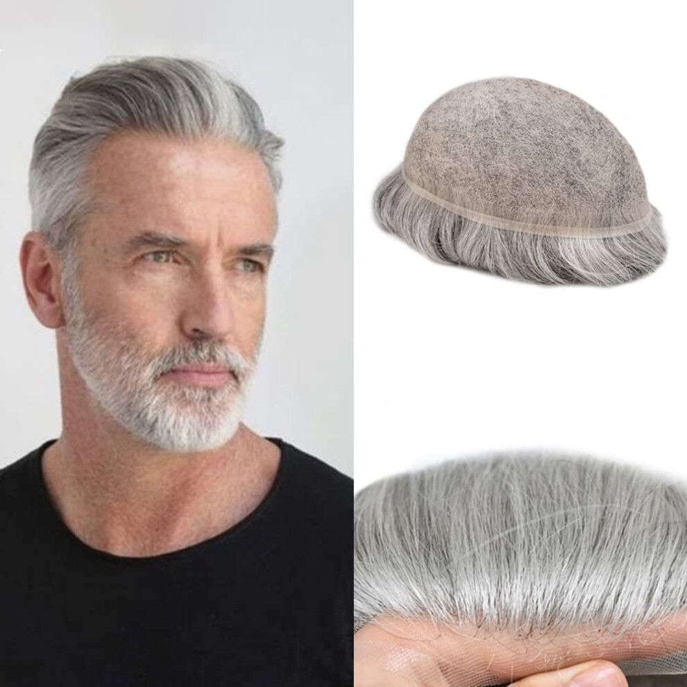 Mens Hair System Full Swiss Lace Off Black Grey Human Hair Toupee 6x9 Natural Hairline