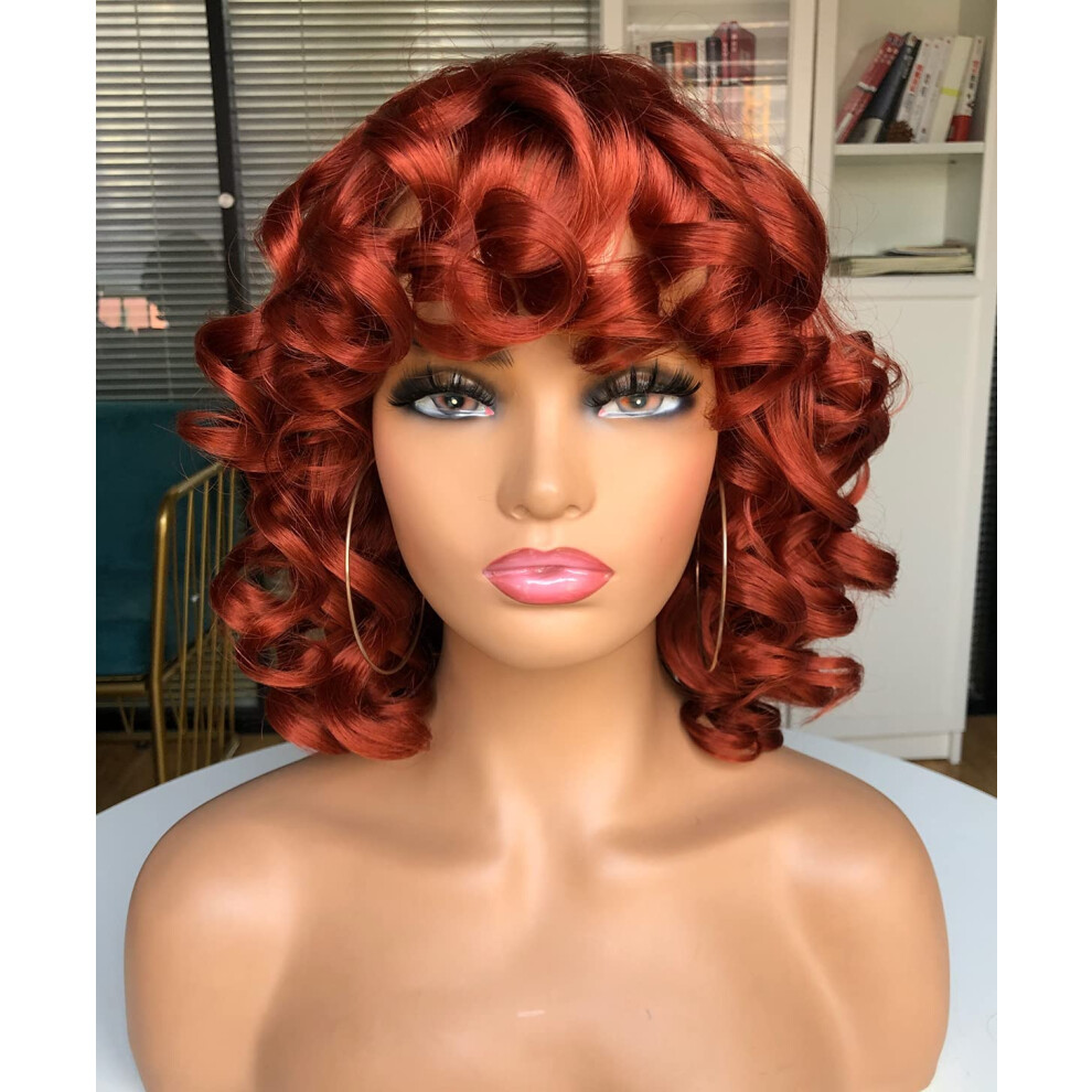 Unisex Black,Red Short Curly Afro Wig For Black Women With Bangs, Big Bouncy Curls, Warm Copper Red Synthetic Hair