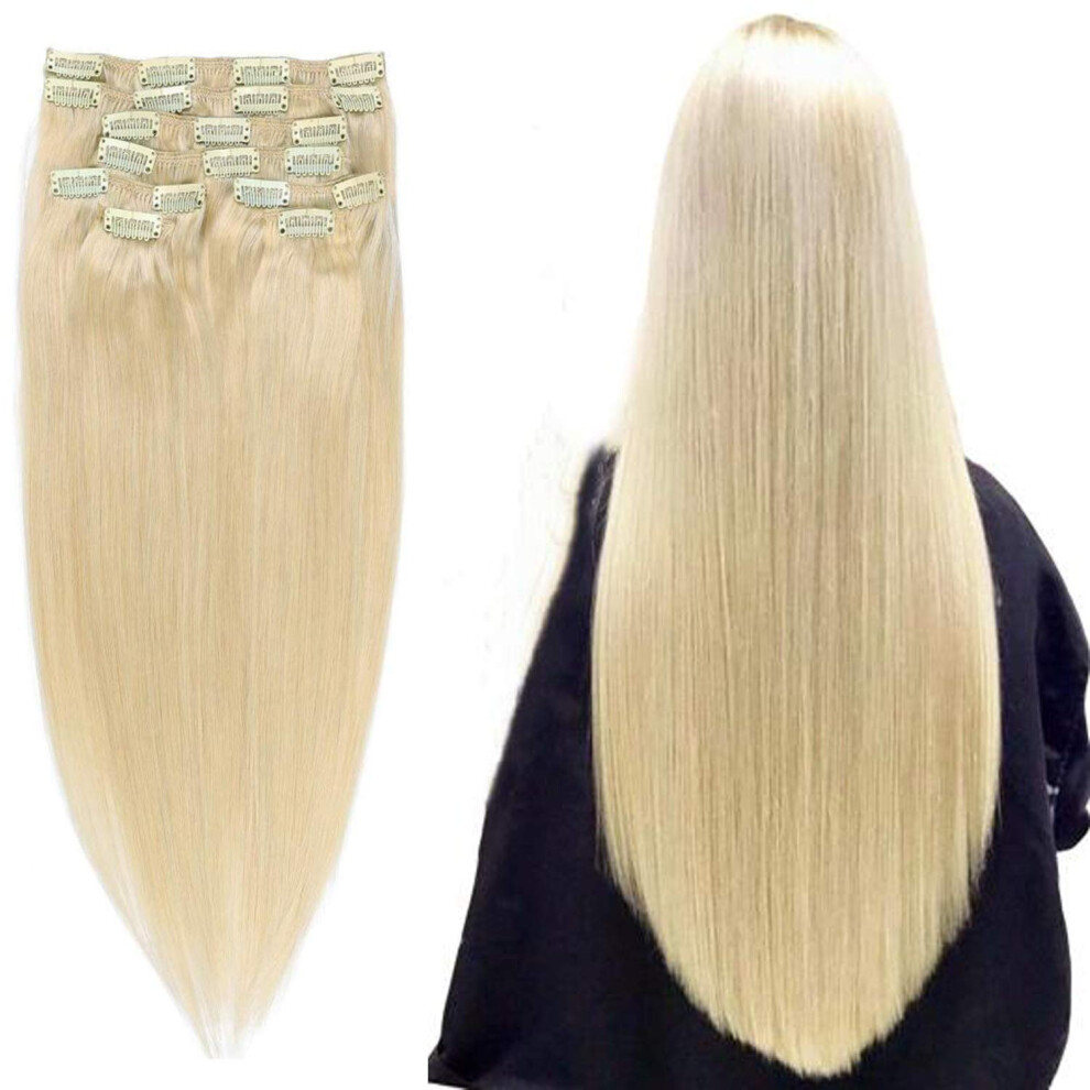 18 Inch Blonde Remy Human Hair Extensions Double Weft Clip In, Silky Straight Full Head 140g
