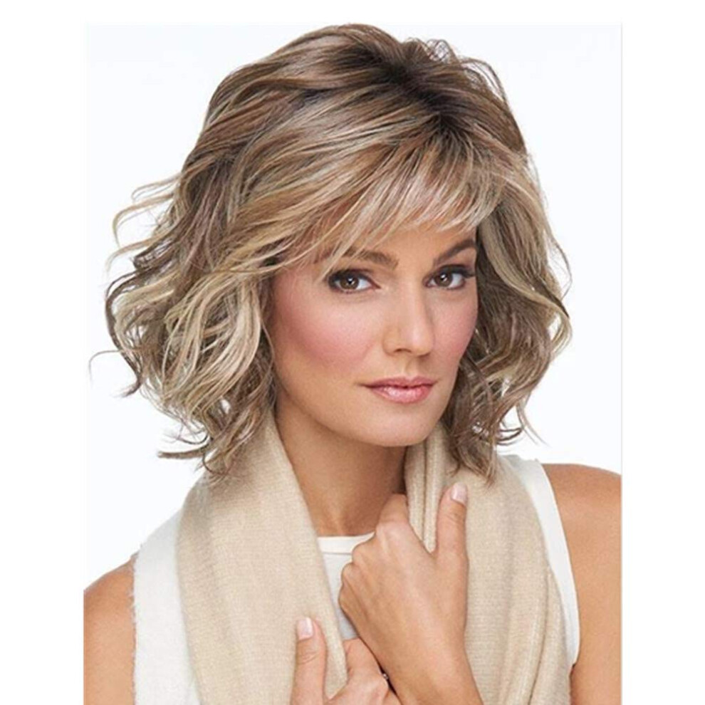 Unisex Brown Synthetic Lace Front Short Curly Bob Wig With Bangs And Blonde Highlights Heat Friendly