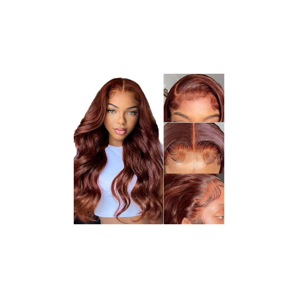 Reddish Brown Human Hair Lace Front Wig 13x4 Body Wave Pre Plucked Brazilian Remy 22 Inch 150% Density
