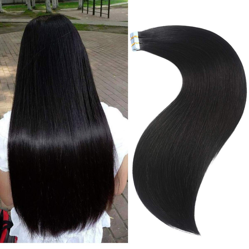 Unisex Black 16 Inch Jet Tape In Remy Human Hair Extensions Seamless Color Match Natural Volume Boost 20Pcs
