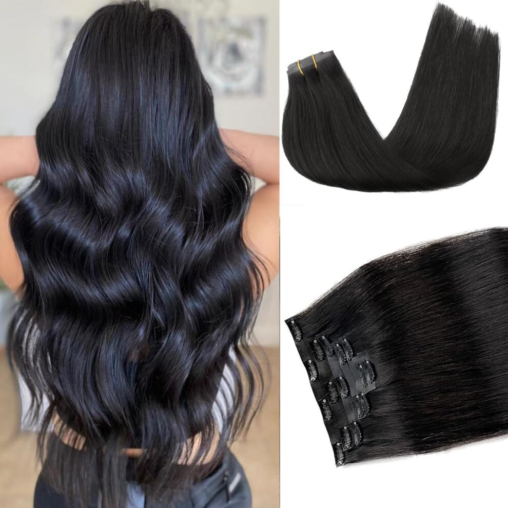 Unisex Black Seamless Clip In Human Hair Extensions 14 Inch Natural Remy With Invisible Pu Weft 7Pcs
