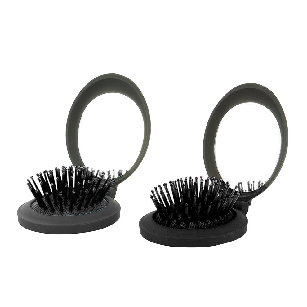 Black Folding Hair Brush With Mirror, Compact Pocket Size Travel Detangling Brush For Purse, 2