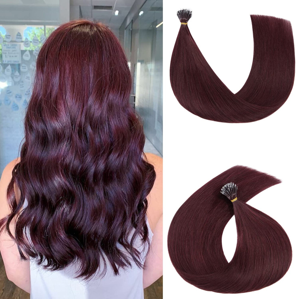 Unisex Red Nano Ring Remy Human Hair Extensions 22 Inch Wine 1G Strands 100% Human Hair Reusable