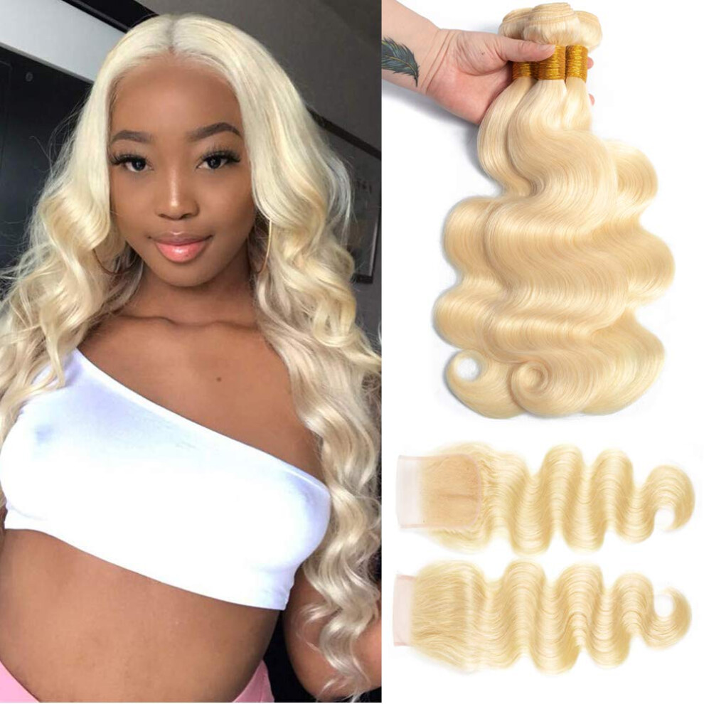 Unisex 613 Blonde Body Wave Human Hair Bundles With 4X4 Lace Closure Preplucked Remy Extensions