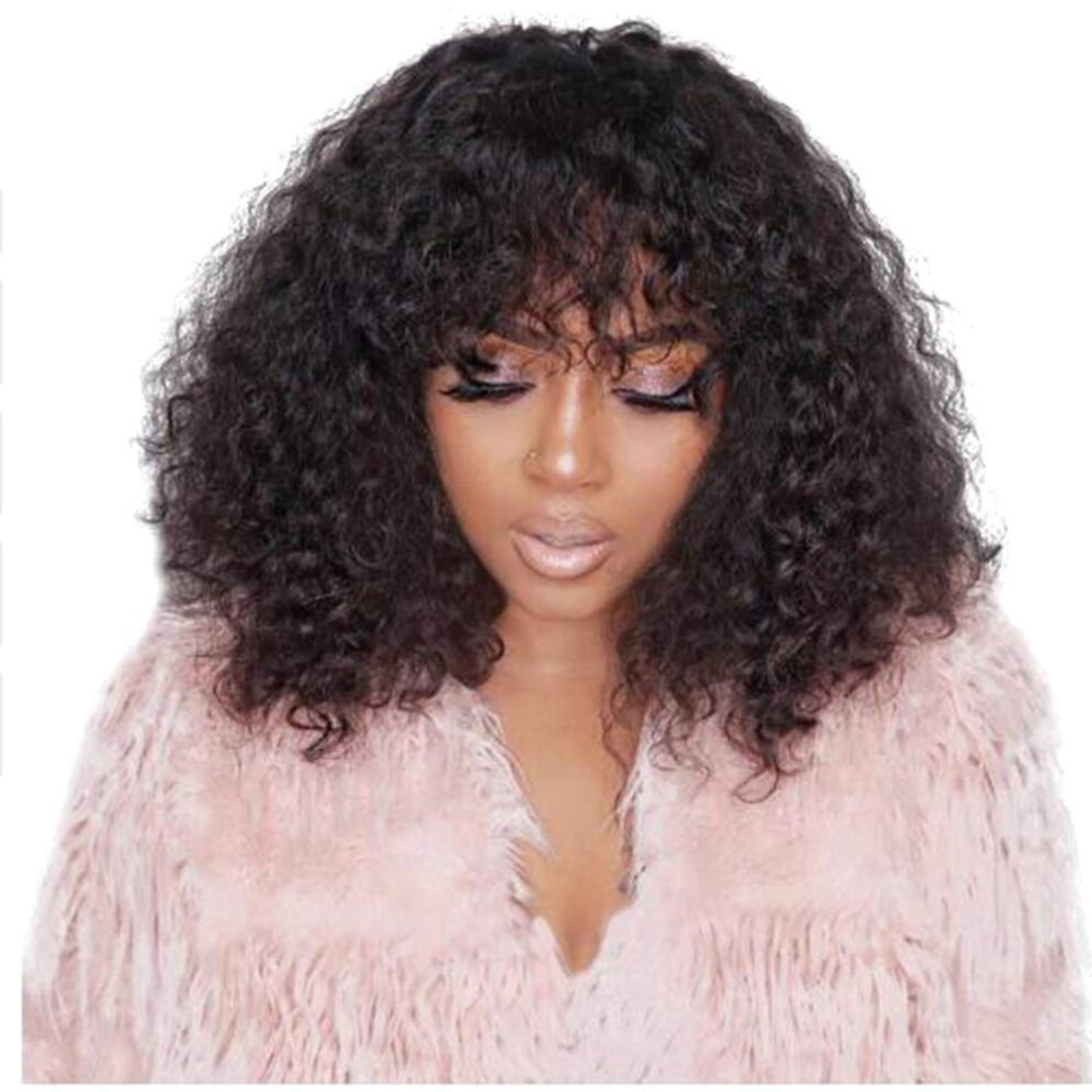 Curly Human Hair Lace Front Wig Brazilian Virgin Water Wave with Bangs Pre Plucked 150% Density