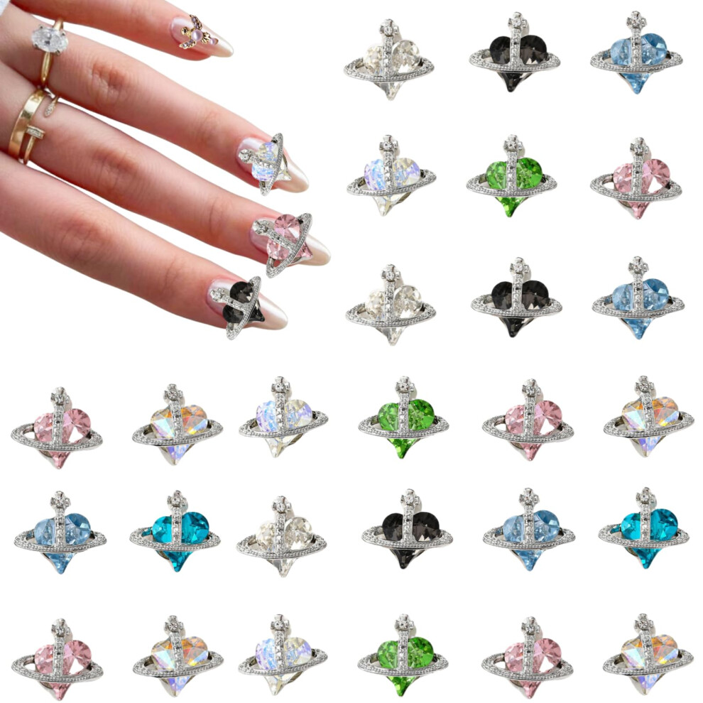 3D Nail Charms Luxury Heart Shaped Planet Rhinestones Saturn Crystal Nail Art Decorations 18pcs