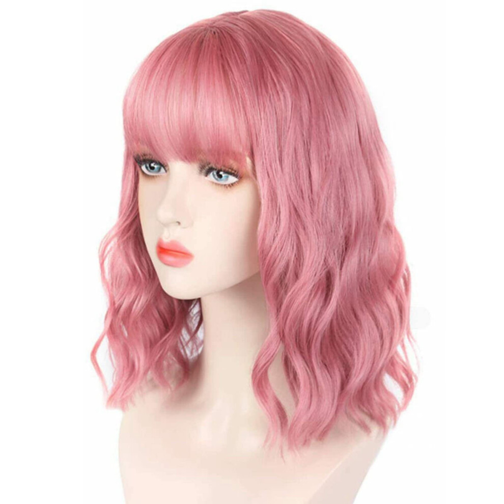 Unisex Pink Curly Cosplay Wig With Bangs Shoulder Length Synthetic Hair For Women Girls Natural Waves