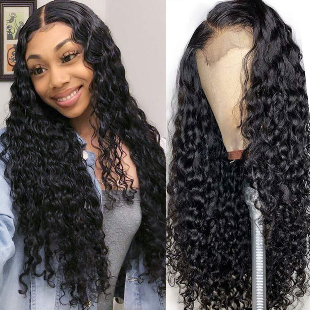 Unisex Deep Wave Lace Front Wig Human Hair Brazilian 13X4 Pre Plucked Bleached Knots 16 Inch