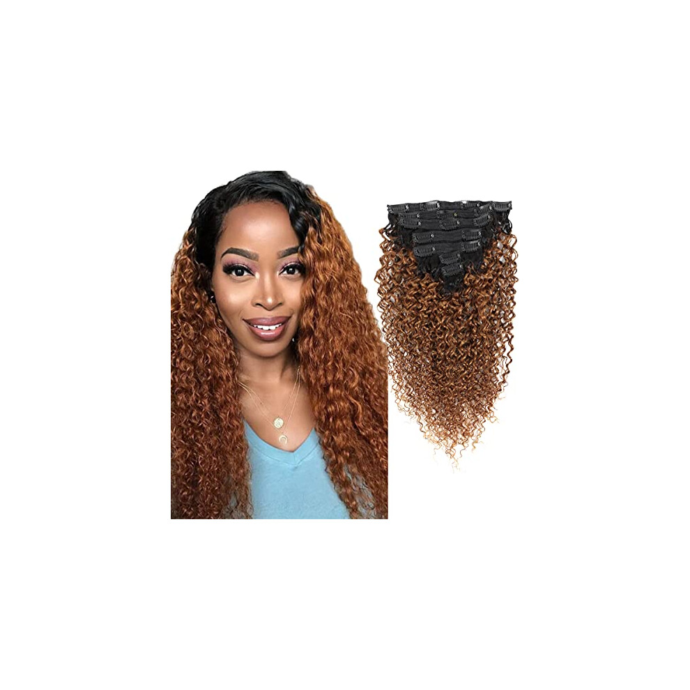 Unisex Black Afro Kinky Curly Ombre Clip In Hair Extensions 1B/30 Human Hair 22 Inch For Women