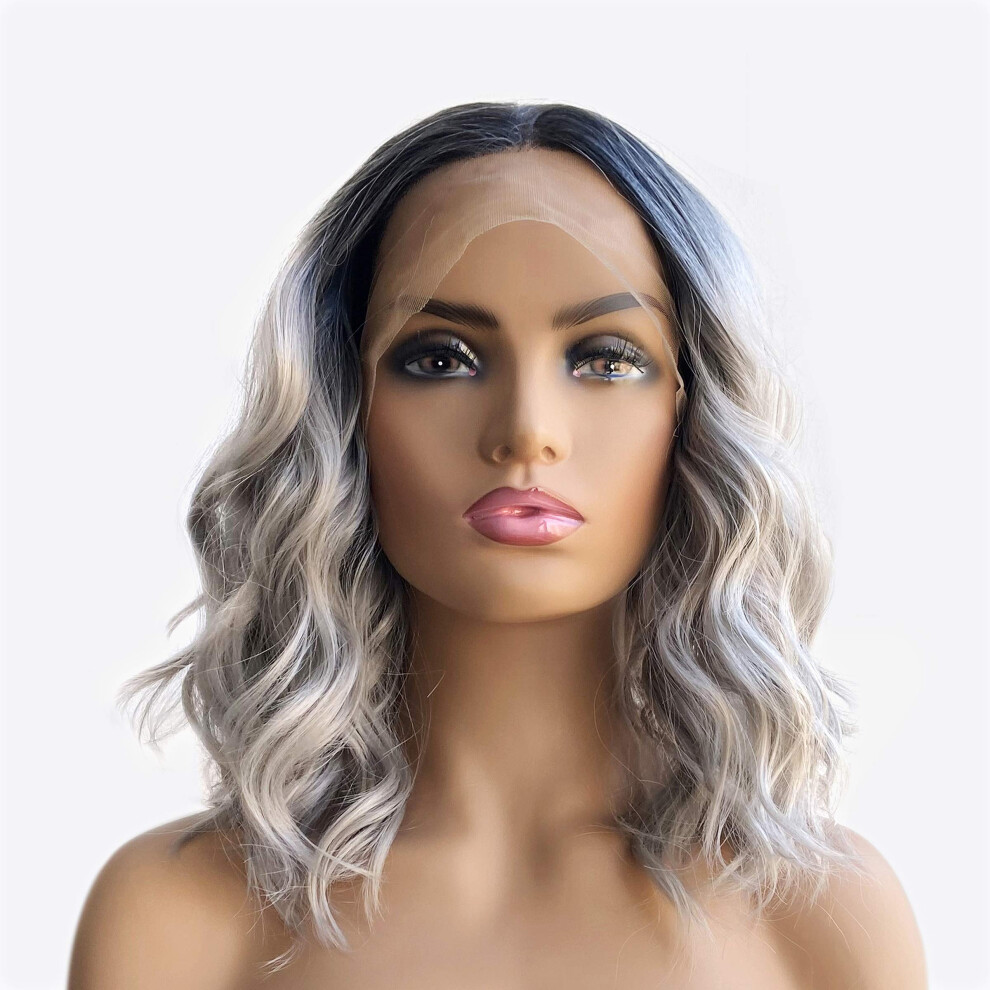 Unisex Silver Synthetic Lace Front Wig Ash Blonde Ombre Wavy Mid Length 16In Natural Hairline Heat Resistant