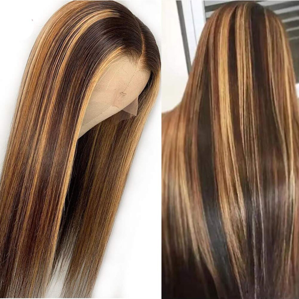 Unisex Ombre Highlight Brazilian Virgin Human Hair Lace Front Wig Straight 13X1 Pre Plucked 150% Density 8 Inch