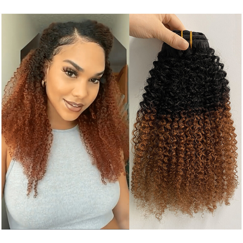 Unisex Brown Afro Kinky Curly Ombre Clip In Human Hair Extensions 16 Inch Brazilian Remy 7 Pcs Set